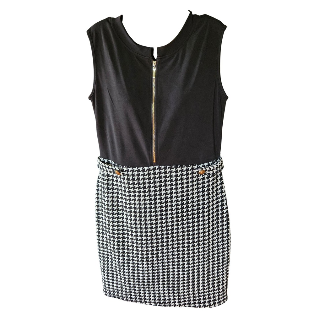 Womens‎ Houndstooth Mini Dress Black White Sleeveless Zip Front Sheath Size M